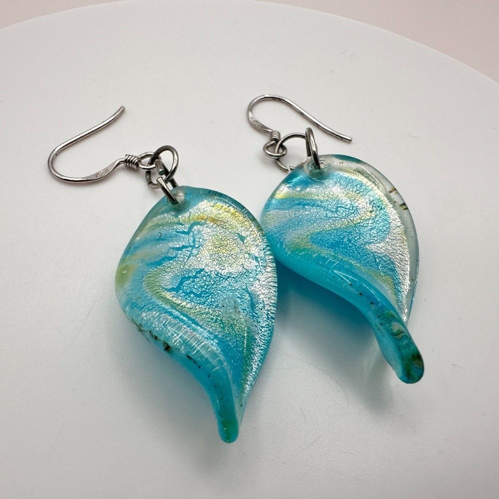 Vintage 90's Style Blue Foil Glass Leaf Earrings Womens Hooks Swirl Jewelry